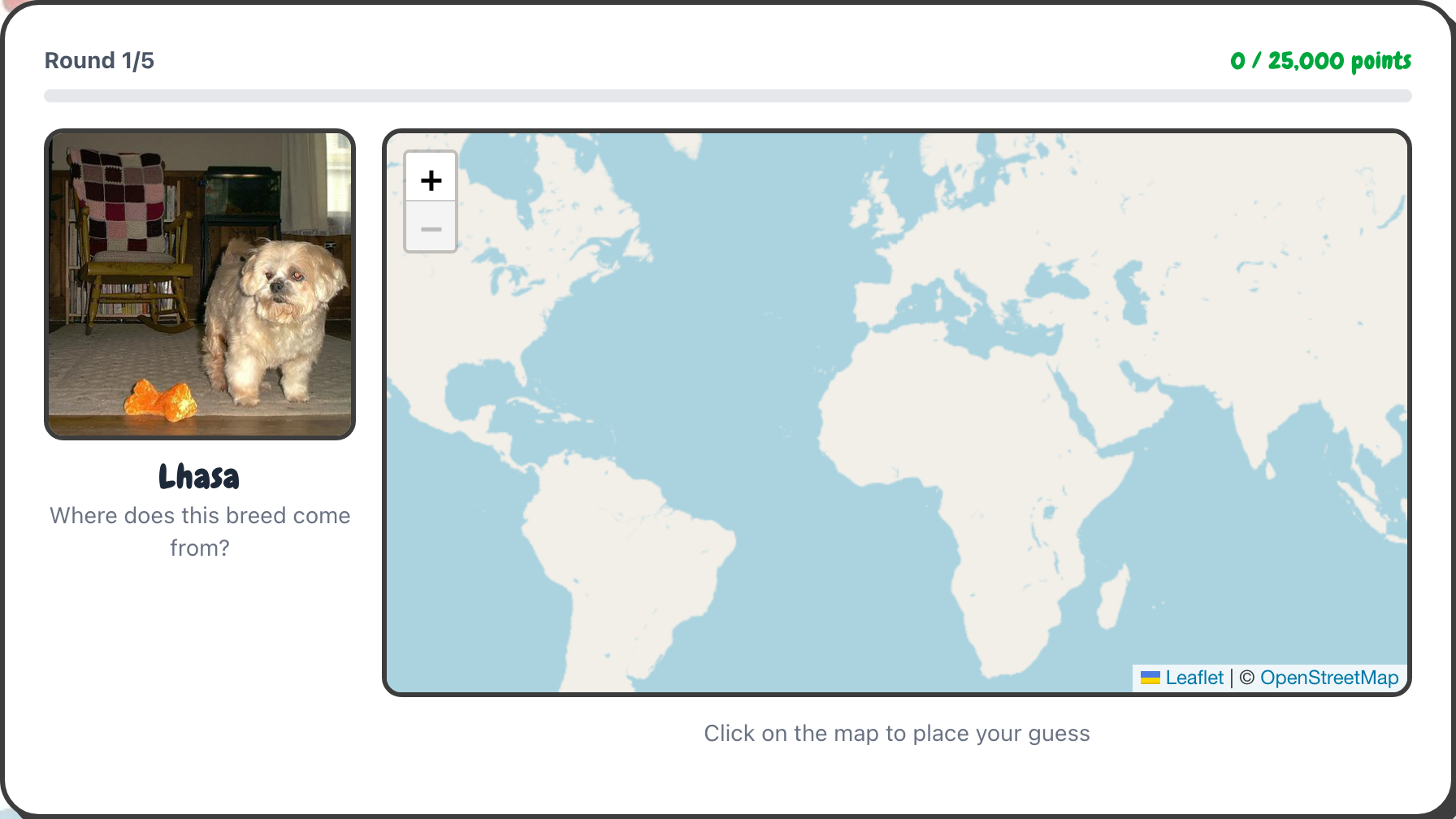 Doggo Guessr round showing a breed name, dog photo, and a world map