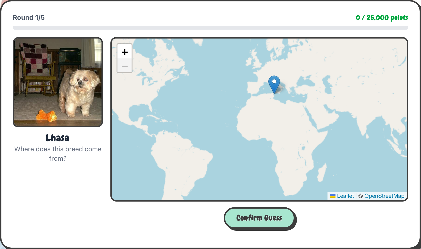 A guess pin placed on the world map with a Confirm Guess button
