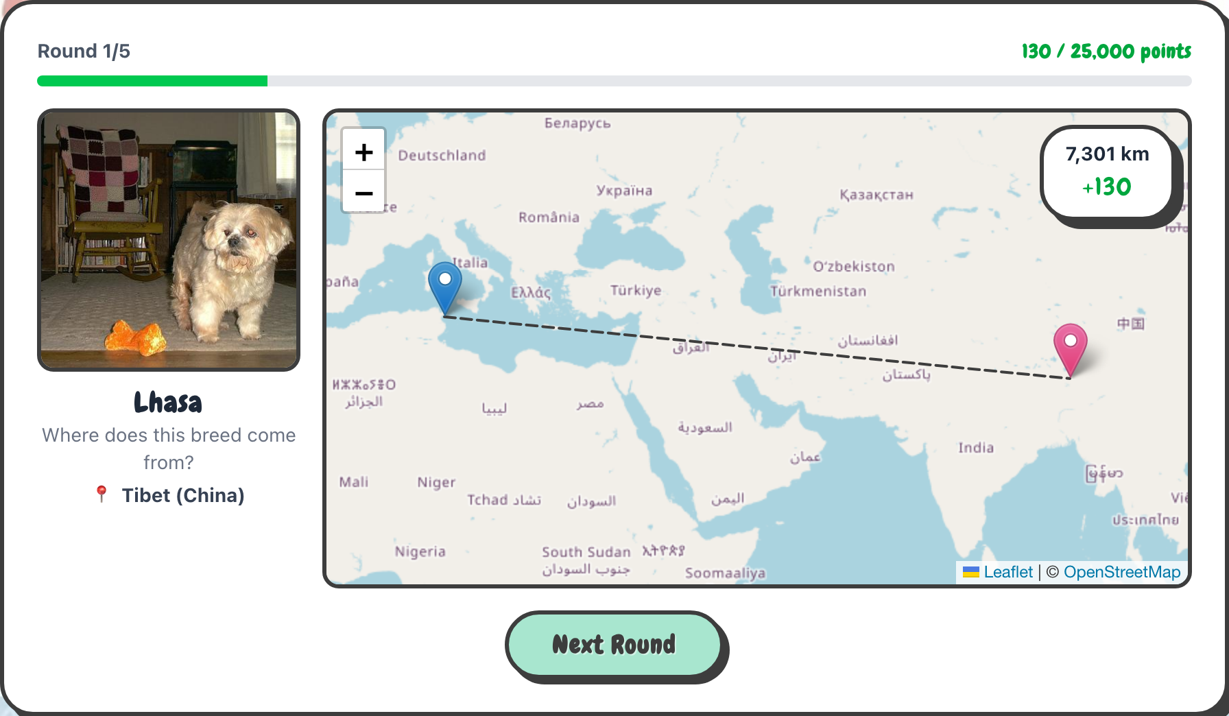 A line between the guess and the correct breed origin with the distance and score