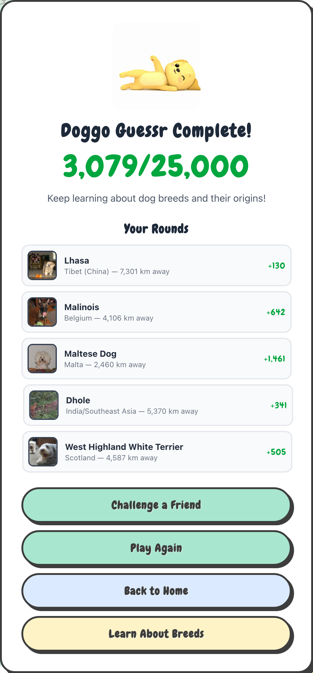 The Doggo Guessr complete screen with total score and a round-by-round breakdown