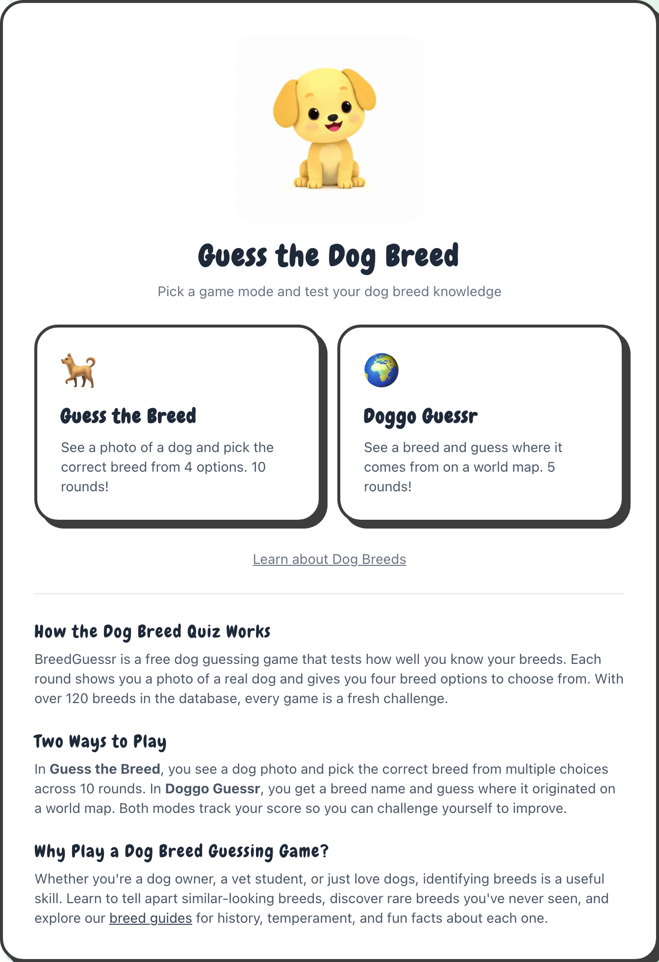 BreedGuessr home screen with the Guess the Breed and Doggo Guessr game modes